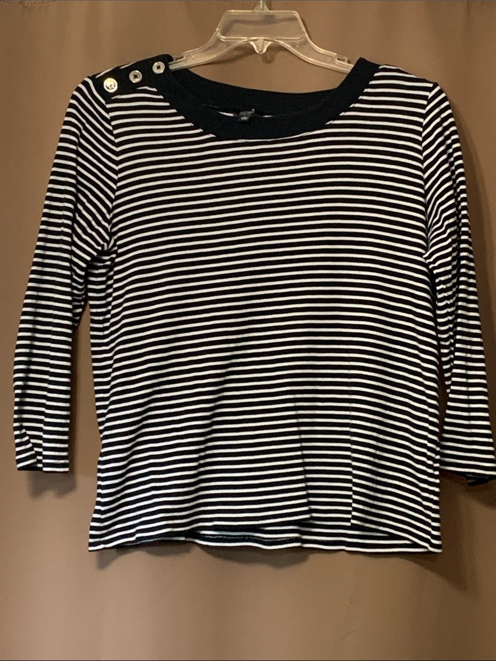 Jones New York Black & White Striped Boatneck Top with Shoulder Buttons